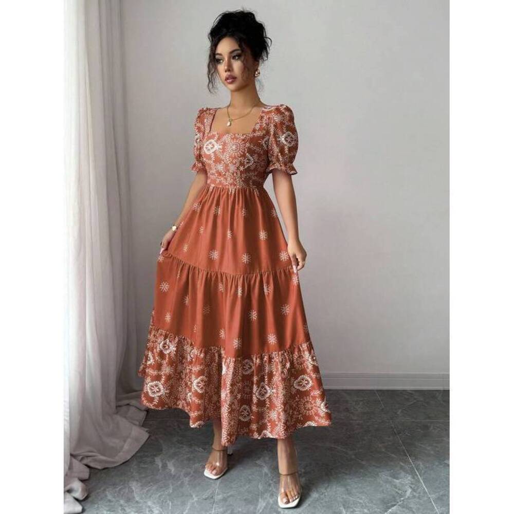 Elenzga Square Neck Waist Gathered A-Line Dress, Floral, F - Picture 6 of 6